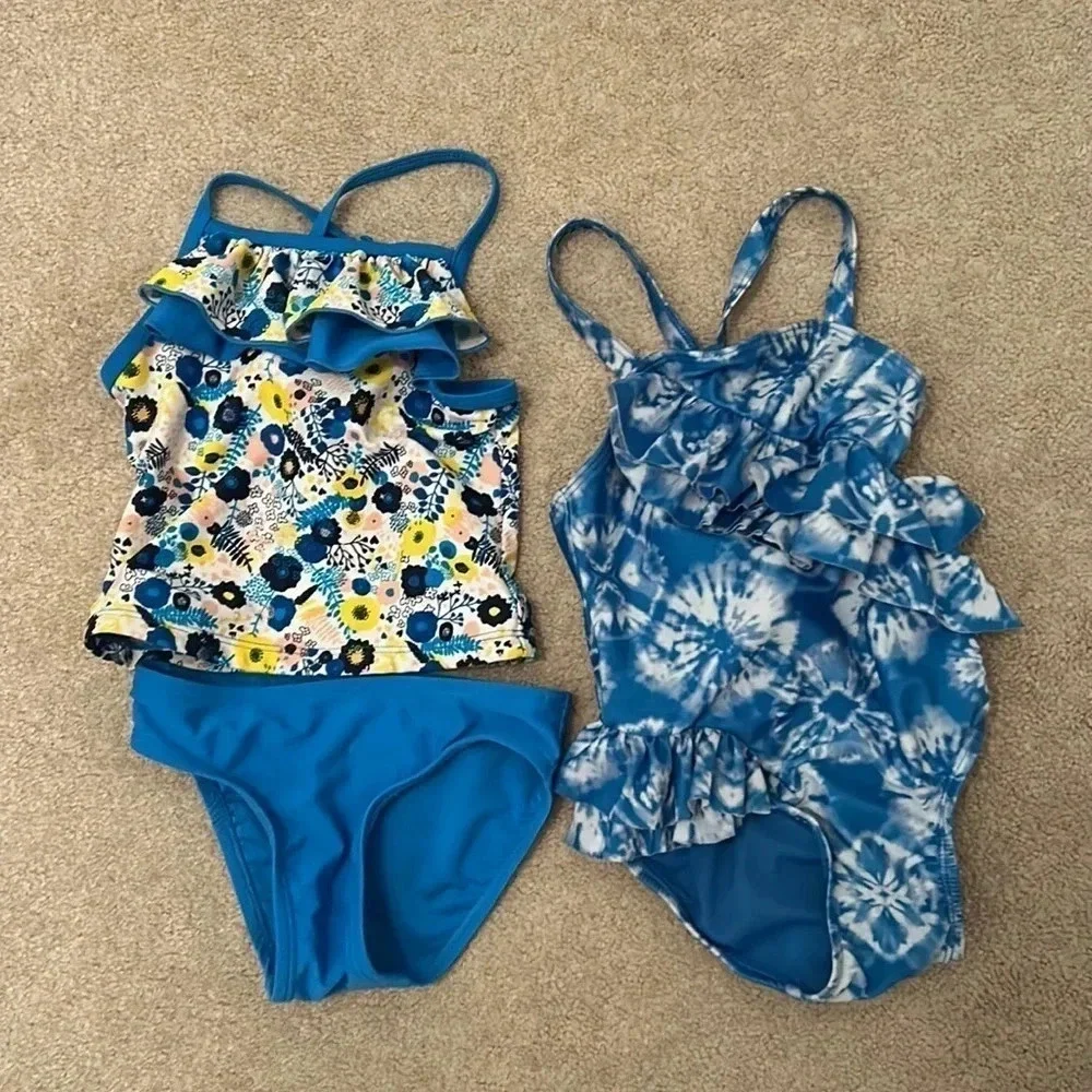 Cat &Jack bathing suits size 2T set of 2 blue yellow white one piece swimsuit